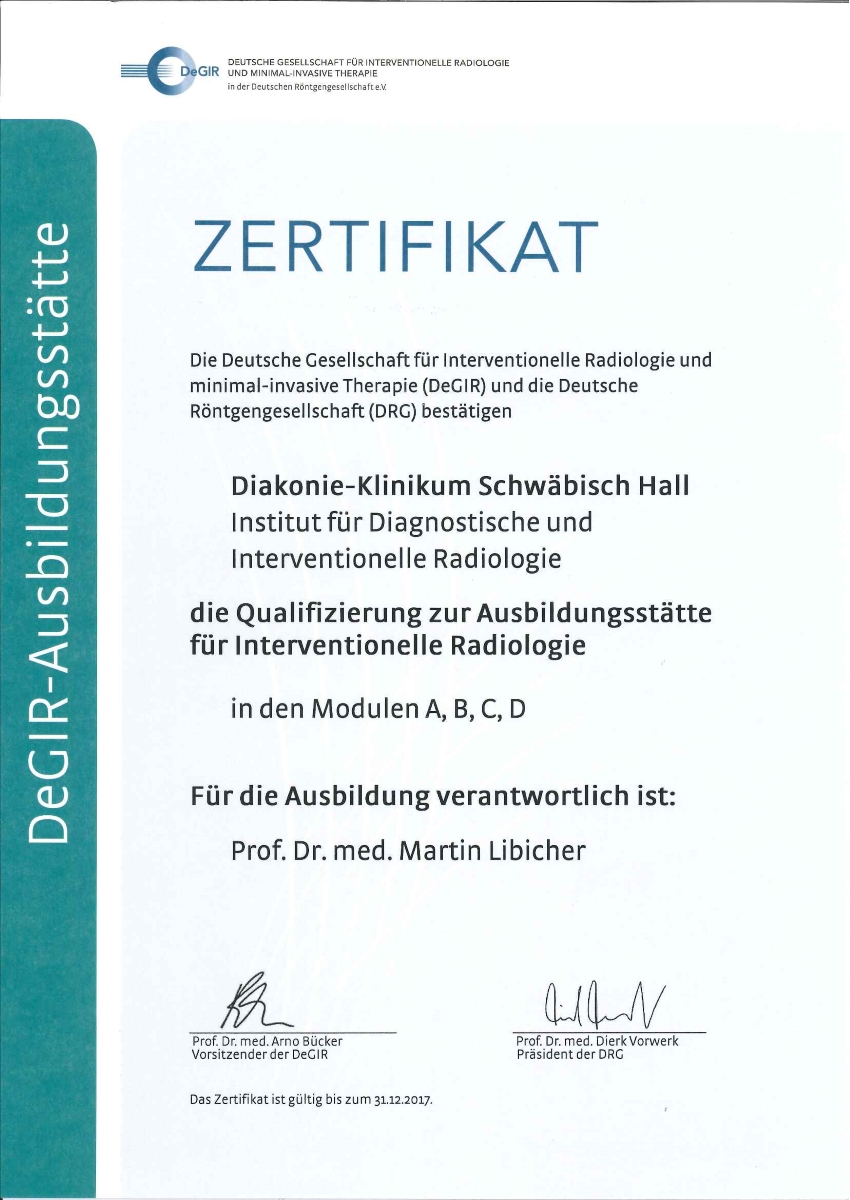 Zertifikat für die Qualifizierung als Ausbildungsstätte für Interventionelle Radiologie